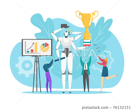 Robot technology in business, vector illustration. Ai assistant, communication with artificial intelligence concept. Man woman people character work 76132151