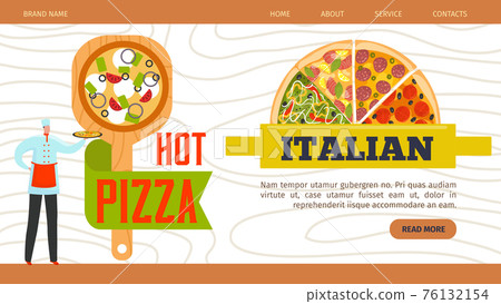 Pizza web banner, restaurant website vector illustration. Italian pizzeria food design, tasty cafe menu background template page. Fast food 76132154