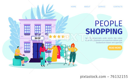 People shopping in store, web page vector illustration. Man woman character in business shop with flat sale concept. Customer buy clothes online 76132155