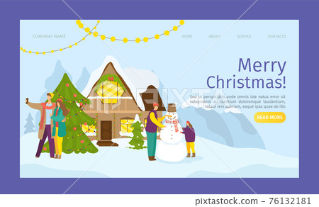 Winter holiday, merry christmas banner, vector illustration. Man woman people character play with cold snow outside, house at background. Winter holiday, merry christmas banner, vector illustration. Man woman people character play with cold snow outside, house at background. 76132181