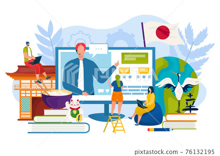 Language education online, learn japanese at internet school, vector illustration. Student man woman character learn how to speak distance technology 76132195