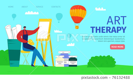 Painting man character in arpon, art therapy, vector illustration. Paint passion, performance result for healthcare web page. Trendy therapy 76132488