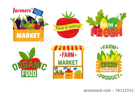 Organic logo for natural farm market product and healthy fresh food with sign, vector illustration. Agriculture icon emblem design Organic logo for natural farm market product and healthy fresh food with sign, vector illustration. Agriculture icon emblem design 76132552