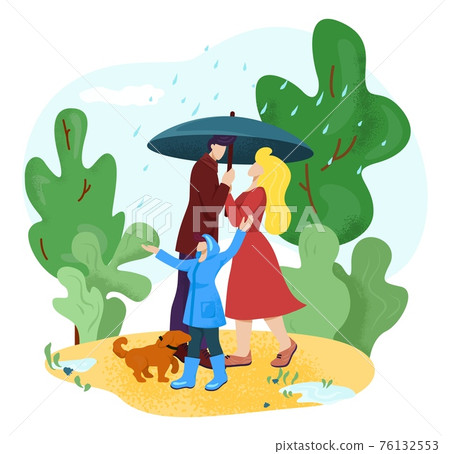 Happy family under rain, couple hold umbrella, vector illustration. Cartoon man woman with kid people walk together at flat autumn season. Happy family under rain, couple hold umbrella, vector illustration. Cartoon man woman with kid people walk together at flat autumn season. 76132553