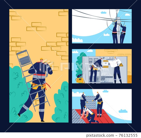 Electric professional occupation, engineer make electricity repair, vector illustration. Cartoon repairman technician use special tool for work. Electric professional occupation, engineer make electricity repair, vector illustration. Cartoon repairman technician use special tool for work. 76132555