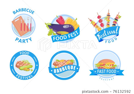 Grill bbq food sign, restaurant barbecue meat at label design, vector illustration. Hot beaf at logo symbol, lunch with cartoon sausage. 76132592