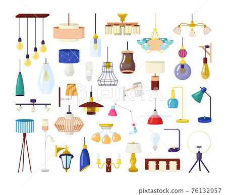 Lamp element set vector illustration. Classic modern ceiling-mounted crystal and lampshade lamps. Home illumination, decoration object. 76132957