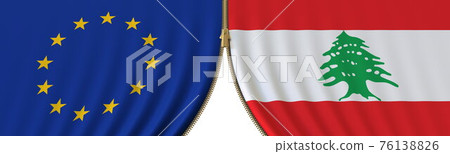 Flags of the EU and Lebanon and closing or opening zipper between them. Political negotiations or interaction conceptual 3D rendering 76138826