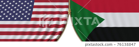 United States and Sudan political cooperation or conflict, flags and closing or opening zipper, conceptual 3D rendering 76138847