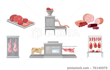 Beef Meat and Sausage Products Automated Factory Production Line Process Vector Set 76140979