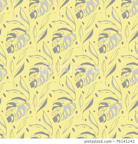Tropical leaves seamless pattern, hand drawn sketch ink line shapes of monstera, plants. Grey, yellow palette. Vector 76141242