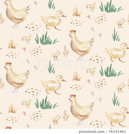 Watercolor seamless pattern with cute farm animals with goat, horse, goose and cow. chicken, sheep and pig domestic animal illustration. 76141462