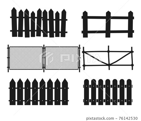 Rural wooden fences, pickets silhouettes Rural wooden fences, pickets silhouettes 76142530