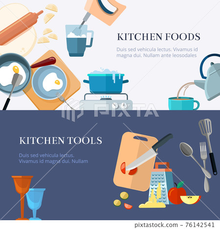 Kitchen utensils, cooking, home made food, kitchenware banners set 76142541