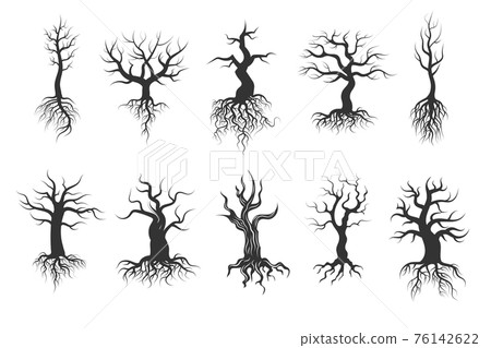 Old tree silhouettes with roots set Old tree silhouettes with roots set 76142622