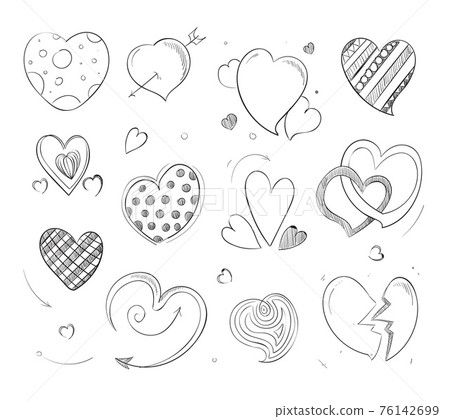 Cute doodle hearts, love pencil drawn symbols 76142699