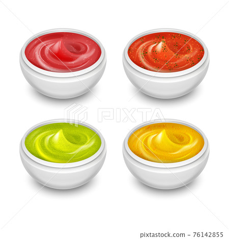 Different gourmet sauces, mustard, ketchup, soy, marinade in white small dishes set 76142855