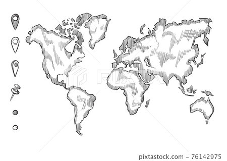 Hand drawn, rough sketch world map with doodle pins 76142975