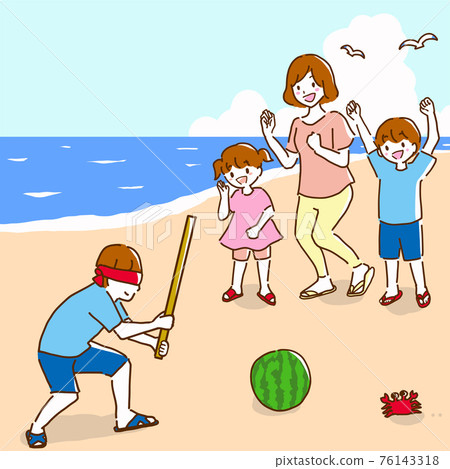 Line drawing illustration of a young family having fun splitting watermelons with their family at the sea 76143318