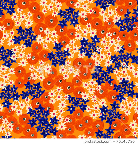 Seamless pattern Abstract painted orange blue white red flowers. Floral repeating background. Ditsy Seamless pattern Abstract painted orange blue white red flowers. Floral repeating background. Ditsy 76143756