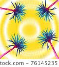 Bright pink palms on a yellow background with white circles in a zigzag pattern. 76145235