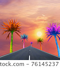 Abstract bright multicolored palms on the background of the road and sky with the sunset. 76145237