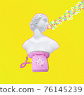 White sculpture of a woman with a pink phone on a yellow background. 76145239