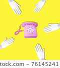 Pink retro telephone with a receiver on a wire on a yellow background there are hands around. 76145241