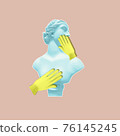 A sculpture of a woman on a beige background and yellow hands covering her chest and mouth. 76145245