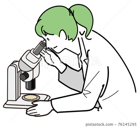 Female researcher looking at minute objects with a microscope 76145295