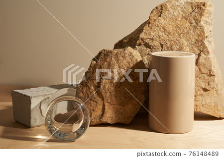 Stone, piece of tile podium, broken glass on a beige background, product place Stone, piece of tile podium, broken glass on a beige background, product place 76148489