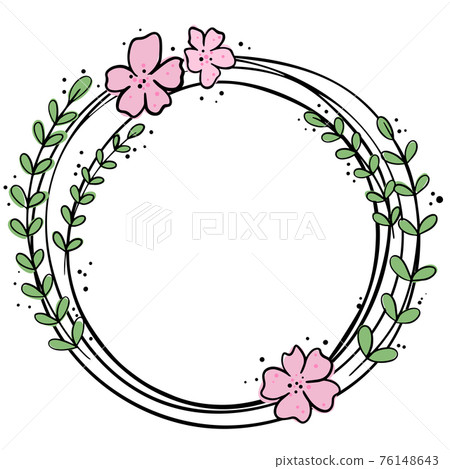 Round frame with monolinear flowers and leaves. Hand-drawn frame with flowers. Wreath, template for design cards, vector. Round frame with monolinear flowers and leaves. Hand-drawn frame with flowers. Wreath, template for design cards, vector. 76148643
