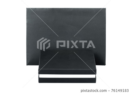 label cardboard box and a package of design paper in black color packaging mockup for fashion gifts isolated objects on white background. 76149183