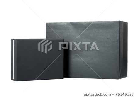 cardboard box with leather texture and a package of design paper of black color stylish packaging for corporate gifts isolated objects on a white background. 76149185