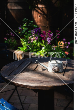 Tin watering can on the table in the botanical garden Tin watering can on the table in the botanical garden 76149833