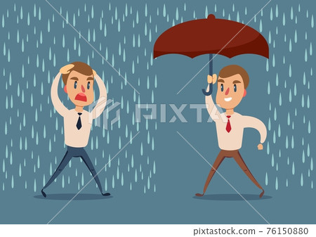 Man in the rain. businessman run from the rain while another businessman has the umbrella. 76150880