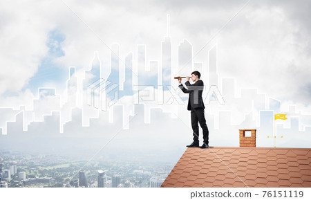 Engineer man standing on roof and looking in spyglass. Mixed media 76151119