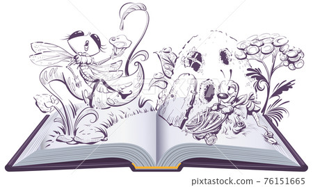 Dragonfly and ant fable open book illustration Dragonfly and ant fable open book illustration 76151665