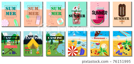 Big summer set. Flat vector illustration of a summer sale of goods. Advertising on a banner, website or flyer about 50 percent discounts on products, and clothing. Bright brochures with an advertising Big summer set. Flat vector illustration of a summer sale of goods. Advertising on a banner, website or flyer about 50 percent discounts on products, and clothing. Bright brochures with an advertising 76151995