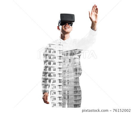 Guy wearing checked shirt and virtual mask stretching hand to touch something Guy wearing checked shirt and virtual mask stretching hand to touch something 76152002