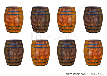 brown weathered brown oak barrel in two parallel rows on a white isolated background 76152412