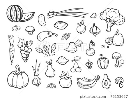 Fresh vegetables and fruit doodle icons. healthy eating hand drawn menu elements 76153637