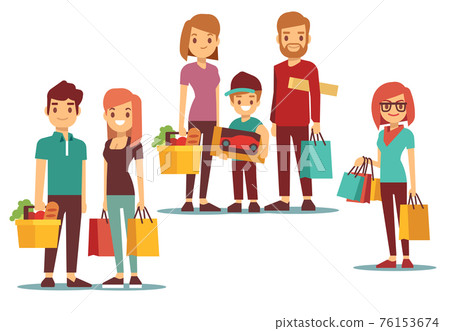 Woman and man going shopping with bags people set Woman and man going shopping with bags people set 76153674