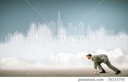 King businessman in elegant suit running and blue cityscape silh King businessman in elegant suit running and blue cityscape silh 76153795