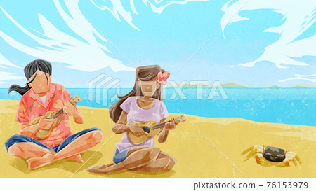 Illustration of a man and a woman playing the ukulele at the beach and a crab Illustration of a man and a woman playing the ukulele at the beach and a crab 76153979