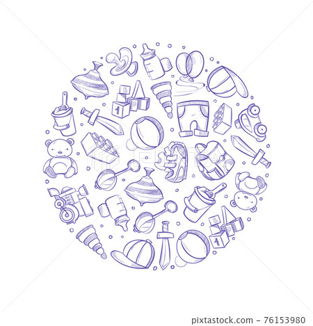 Doodle baby toys icons in circle design Doodle baby toys icons in circle design 76153980