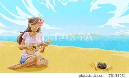 Illustration of a woman and a crab playing the ukulele at the beach Illustration of a woman and a crab playing the ukulele at the beach 76153981