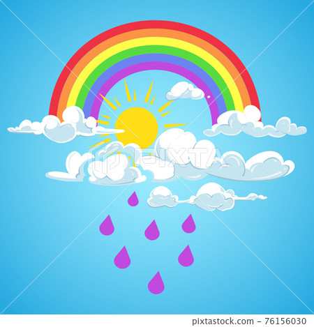 rainbow and clouds with falling rain blue sky 76156030