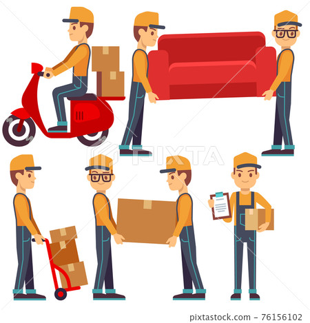 Man carrying boxes, delivery service people set Man carrying boxes, delivery service people set 76156102