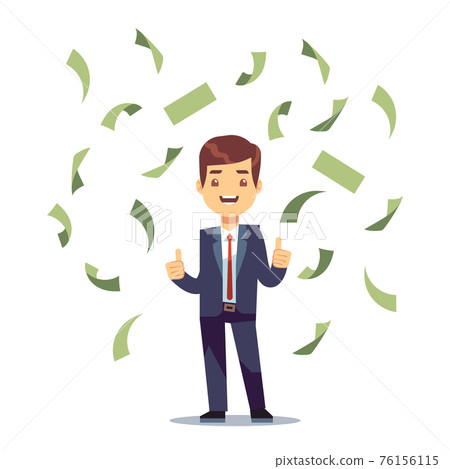 Happy successful businessman in money rain. Finance and banking concept Happy successful businessman in money rain. Finance and banking concept 76156115